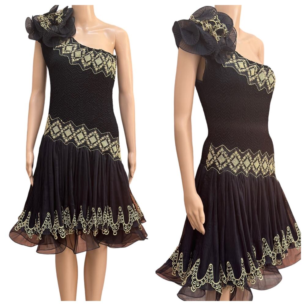 Vintage 1980's one shoulder Midi Formal Prom Dress Embroidered Gold Black Small